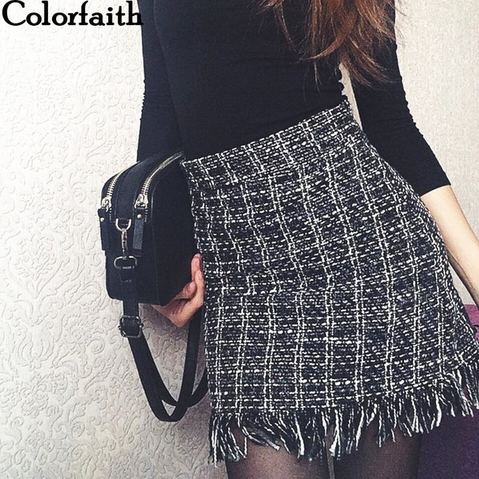 Colorfaith 2018 Women Woolen Mini Skirt Autumn Winter Vintage Straight Plaid Tassel Skater Skirt High Waist Femininas